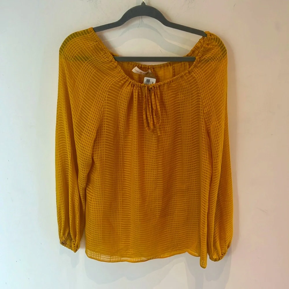 Tory Burch Sheer Silk Natalie Mustard Long Sleeve Boho Peasant Blouse Medium